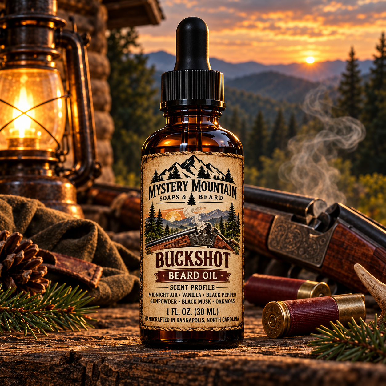 Mystery Mountain Buckshot Beard Oil in an Appalachian mountain setting