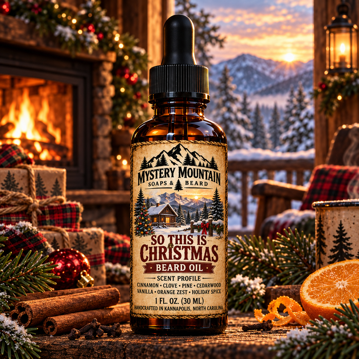 Mystery Mountain So This Is Christmas Beard Oil at an Appalachian Christmas cabin