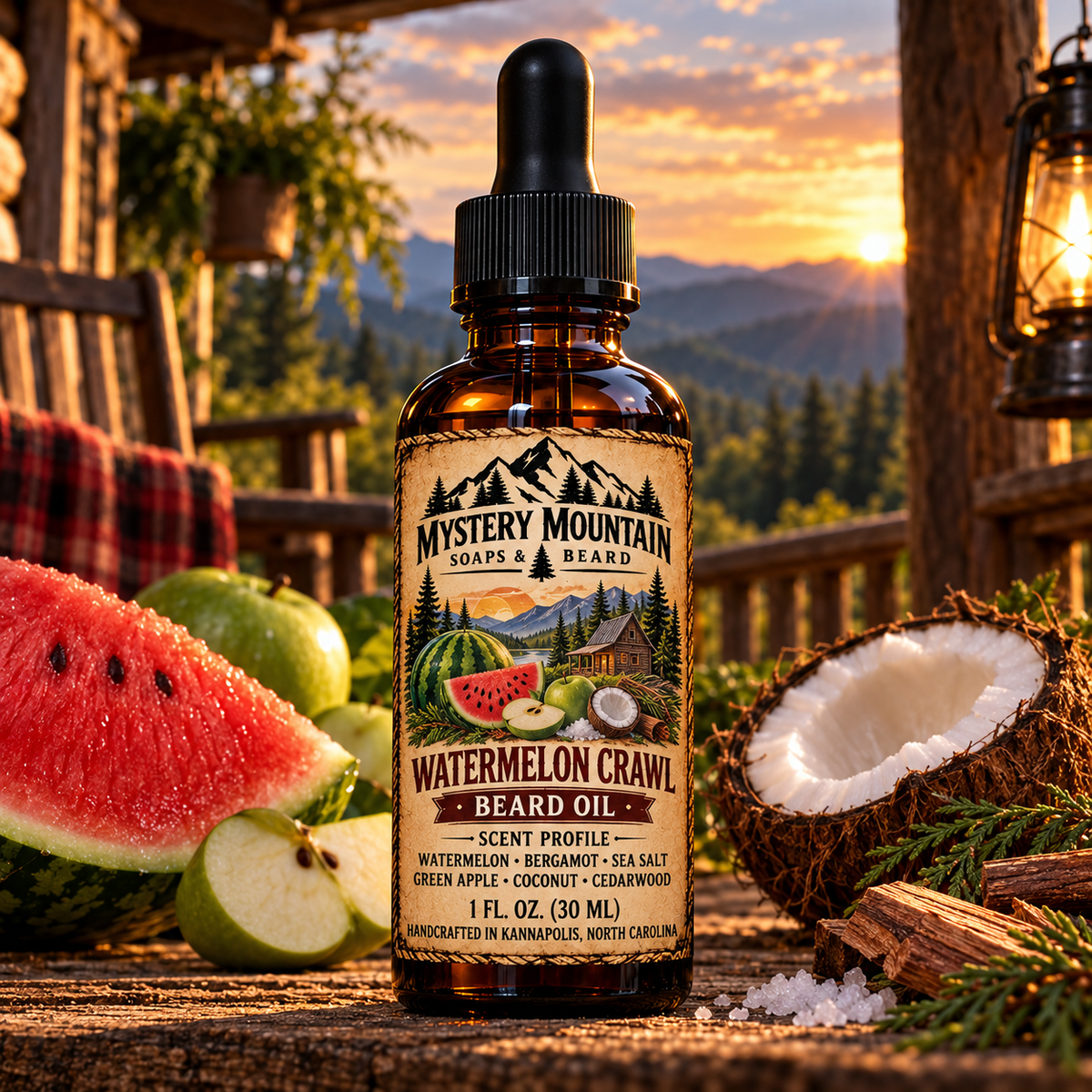 Mystery Mountain Watermelon Crawl Beard Oil in a summer mountain setting