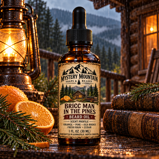 Mystery Mountain Bricc Man in the Pines Beard Oil by a rainy mountain cabin