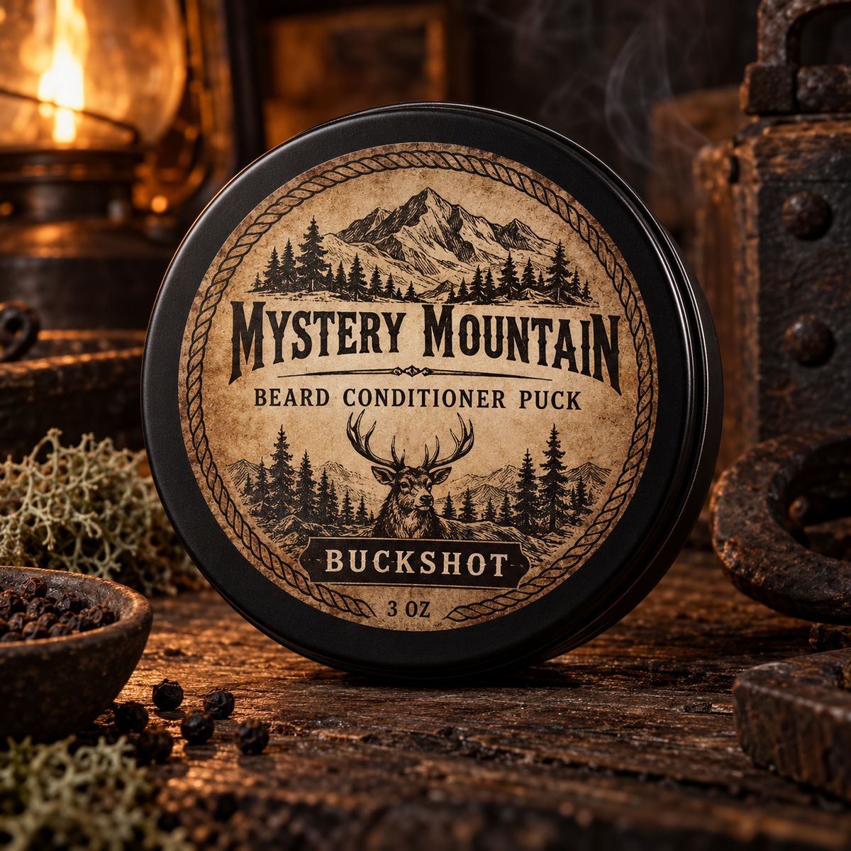 Mystery Mountain Buckshot Beard Conditioner Puck in a rugged Appalachian cabin