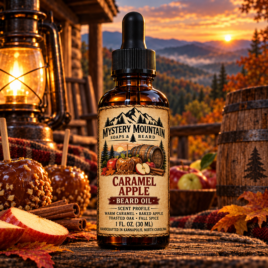 Mystery Mountain Caramel Apple Beard Oil in an Appalachian autumn setting