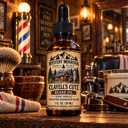 Mystery Mountain Clayell’s Cutz Beard Oil in a vintage barbershop