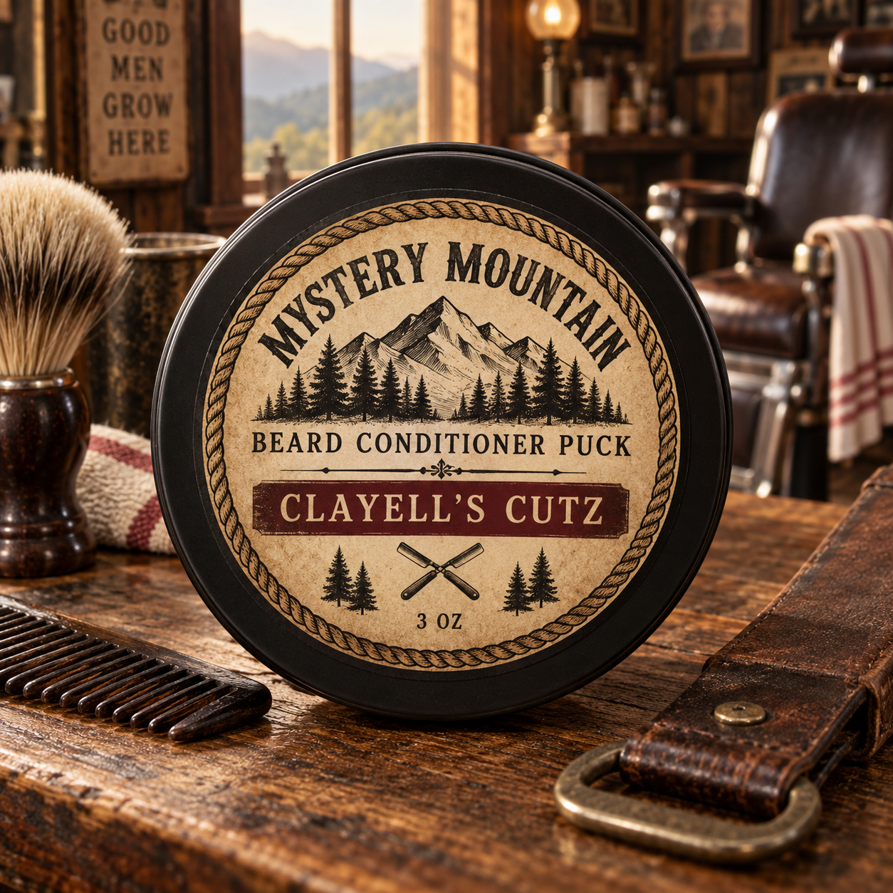 Mystery Mountain Clayell’s Cutz Beard Conditioner Puck in a vintage Appalachian barbershop