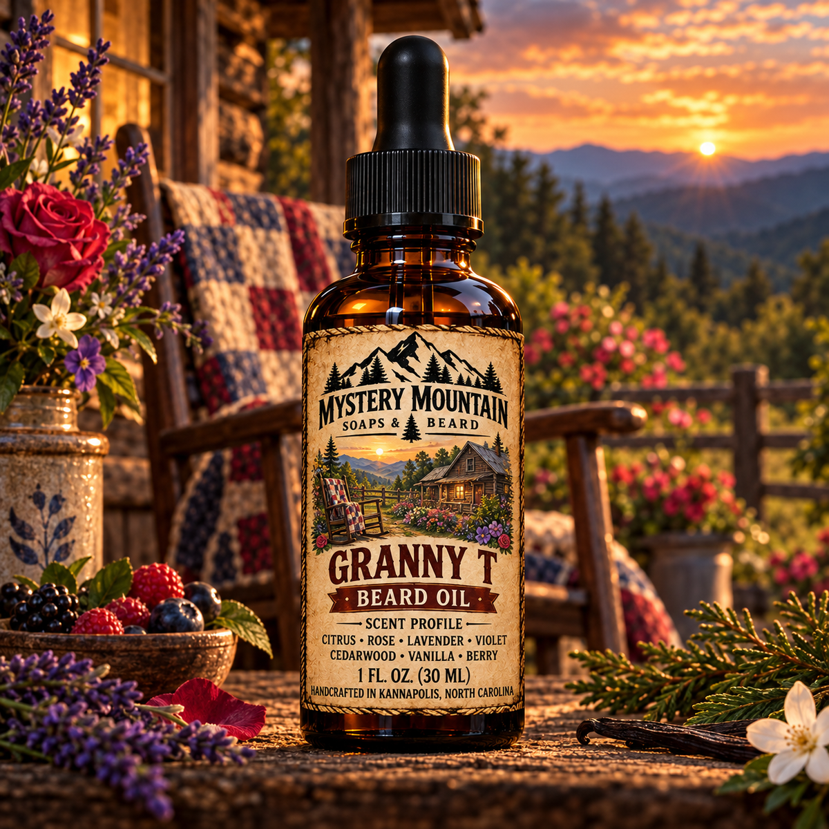 Mystery Mountain Granny T Beard Oil in an Appalachian cabin garden