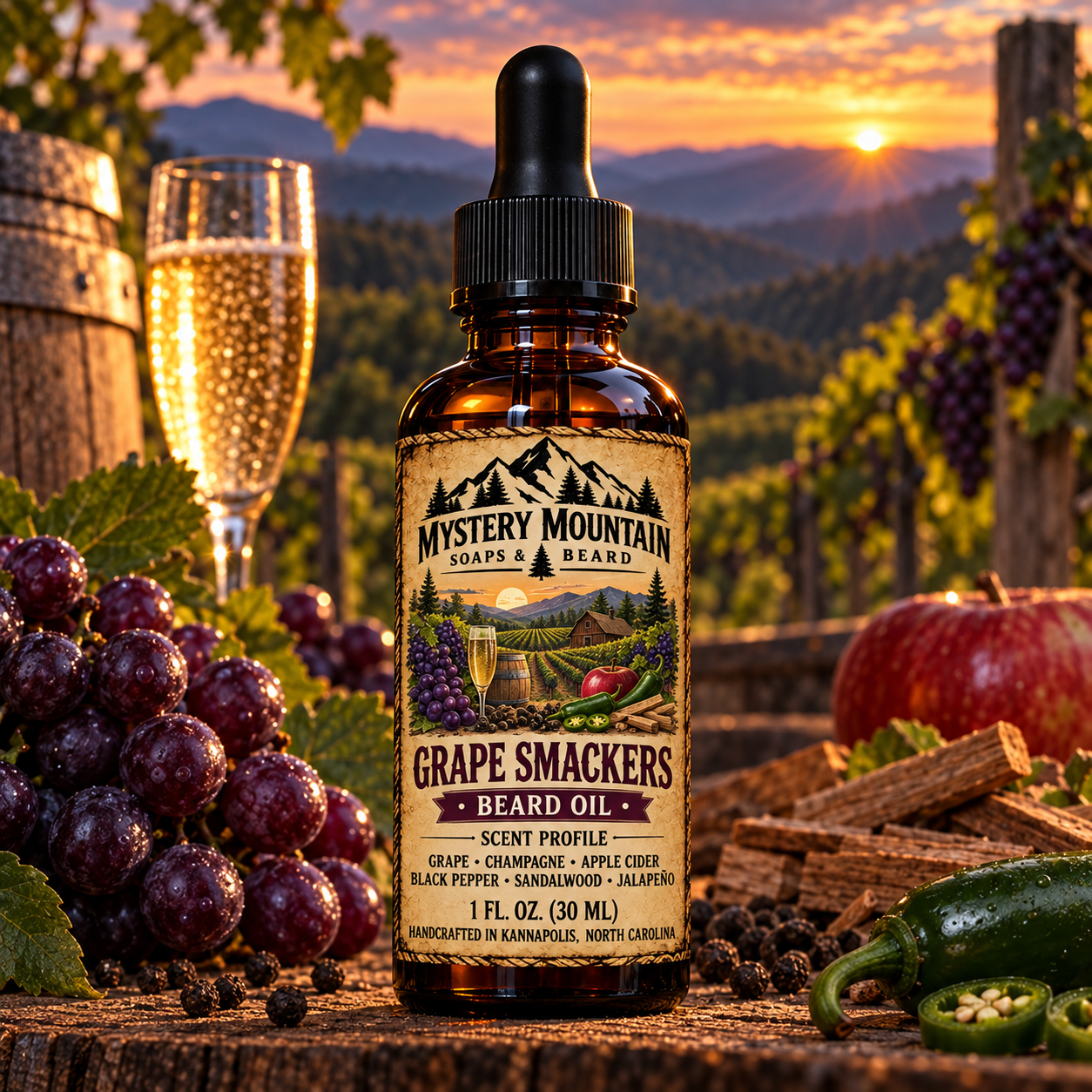 Mystery Mountain Grape Smackers Beard Oil in a mountain vineyard
