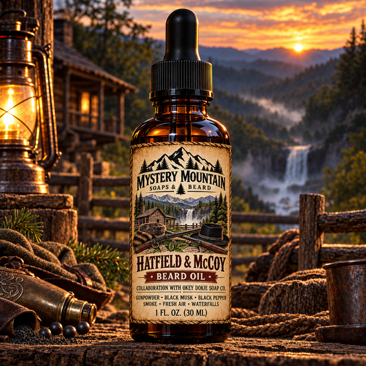 Mystery Mountain Hatfield and McCoy Beard Oil in an Appalachian setting