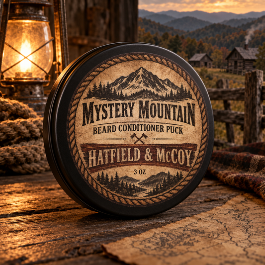 Mystery Mountain Hatfield & McCoy Beard Conditioner Puck in an Appalachian cabin setting