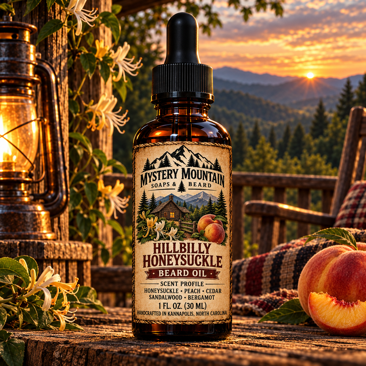 Mystery Mountain Hillbilly Honeysuckle Beard Oil in an Appalachian summer setting