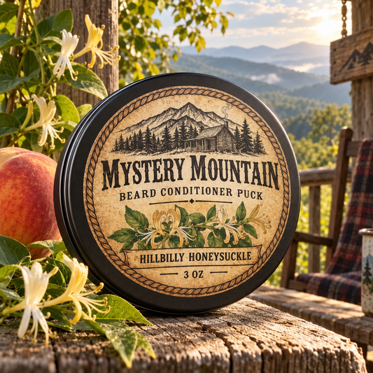 Mystery Mountain Hillbilly Honeysuckle Beard Conditioner Puck with honeysuckle in the Appalachian mountains