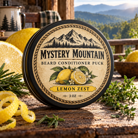 Mystery Mountain Lemon Zest Beard Conditioner Puck with fresh lemons and Appalachian mountains