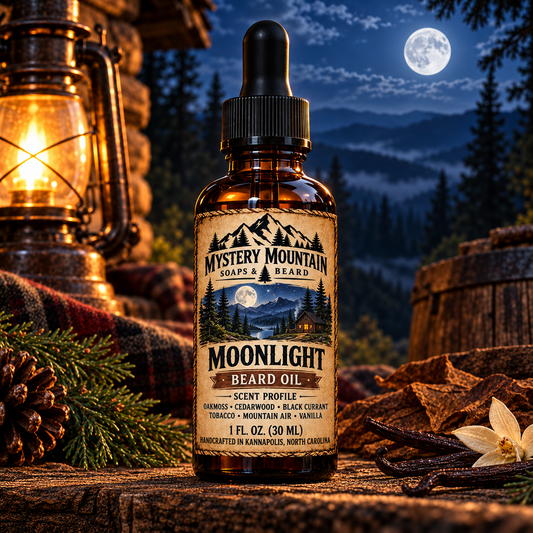 Mystery Mountain Moonlight Beard Oil under a full Appalachian moon