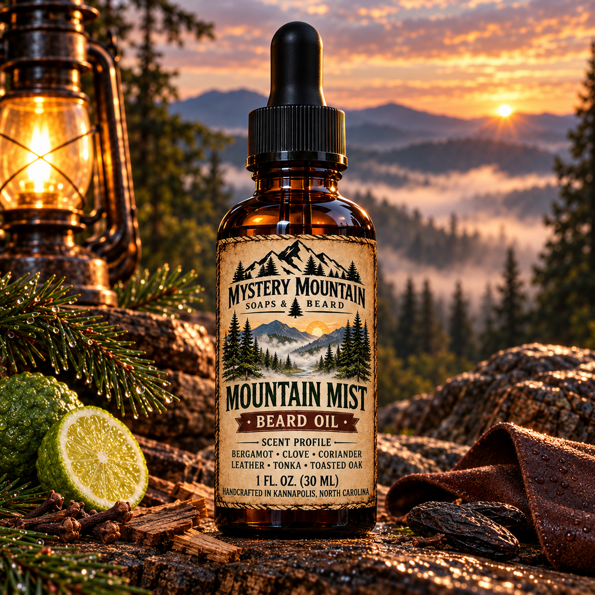 Mystery Mountain Mountain Mist Beard Oil overlooking misty Appalachian mountains