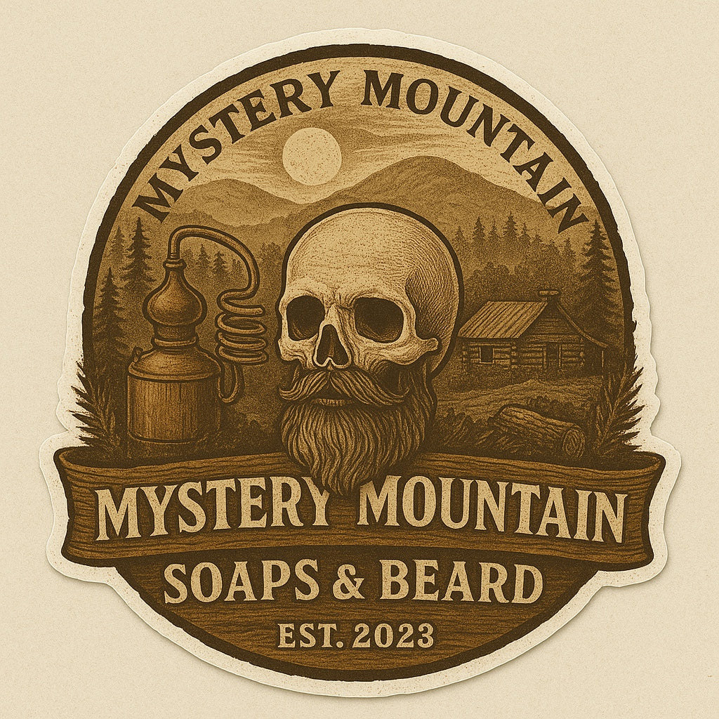 Mystery Mountain Soaps & Beard skull, beard, mountain, still and cabin logo