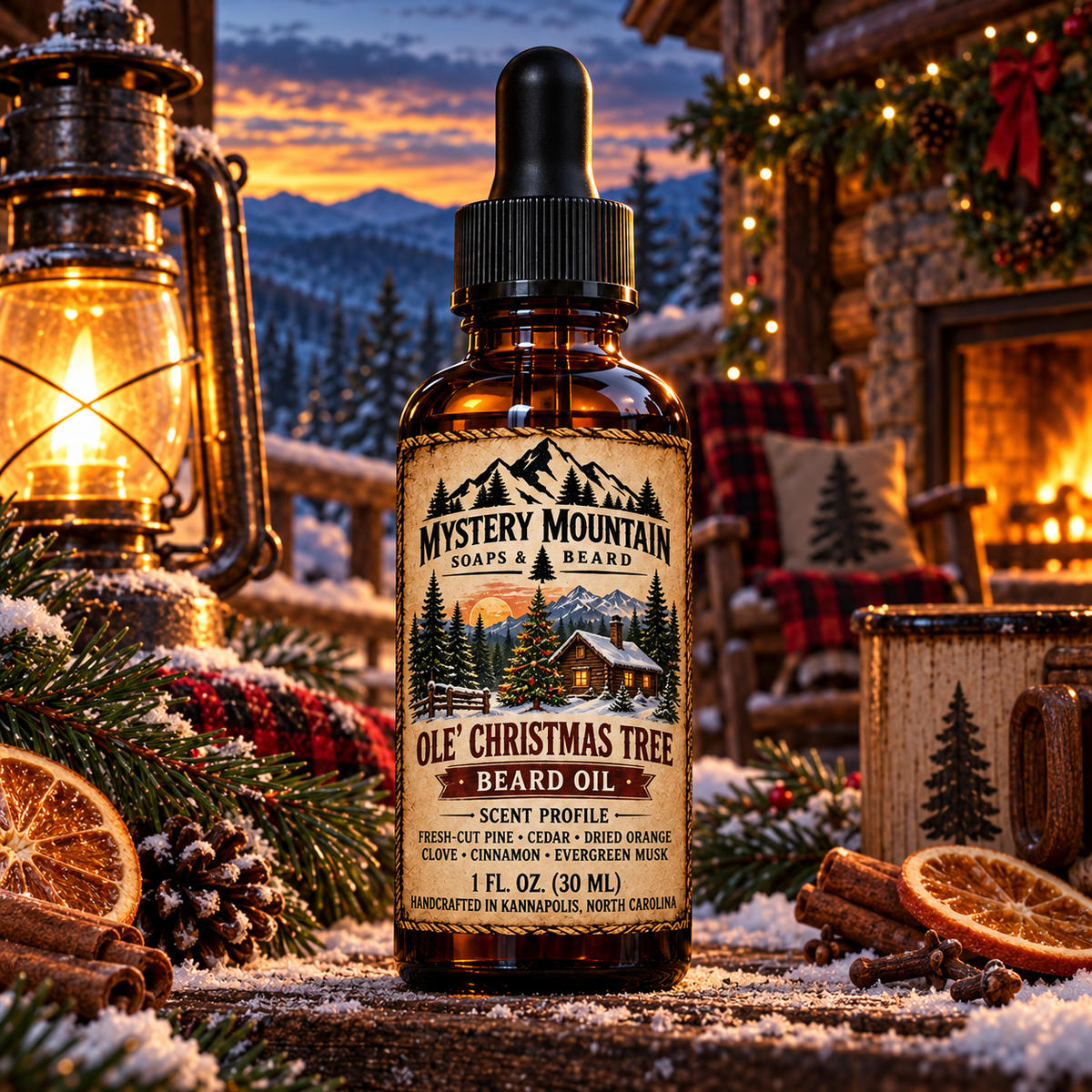 Mystery Mountain Ole’ Christmas Tree Beard Oil at an Appalachian Christmas cabin