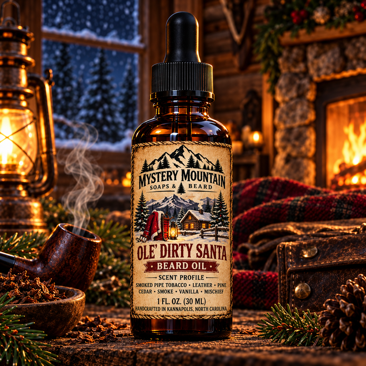 Mystery Mountain Ole’ Dirty Santa Beard Oil in a rugged Appalachian Christmas cabin