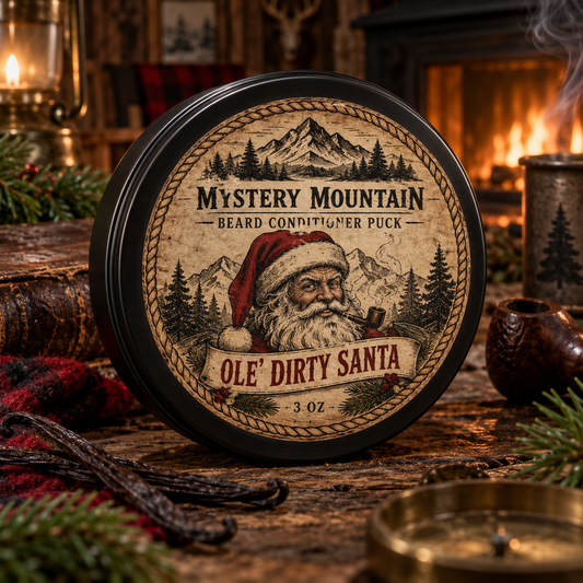 Mystery Mountain Ole’ Dirty Santa Beard Conditioner Puck in a rugged Christmas cabin