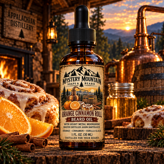 Mystery Mountain Orange Cinnamon Roll Beard Oil at an Appalachian distillery