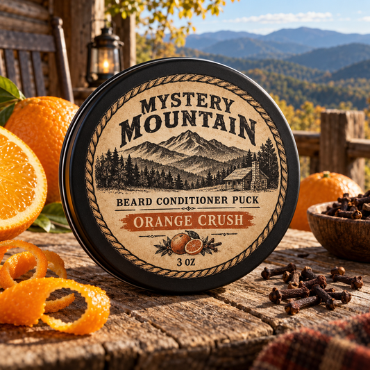Mystery Mountain Orange Crush Beard Conditioner Puck with fresh oranges and cloves