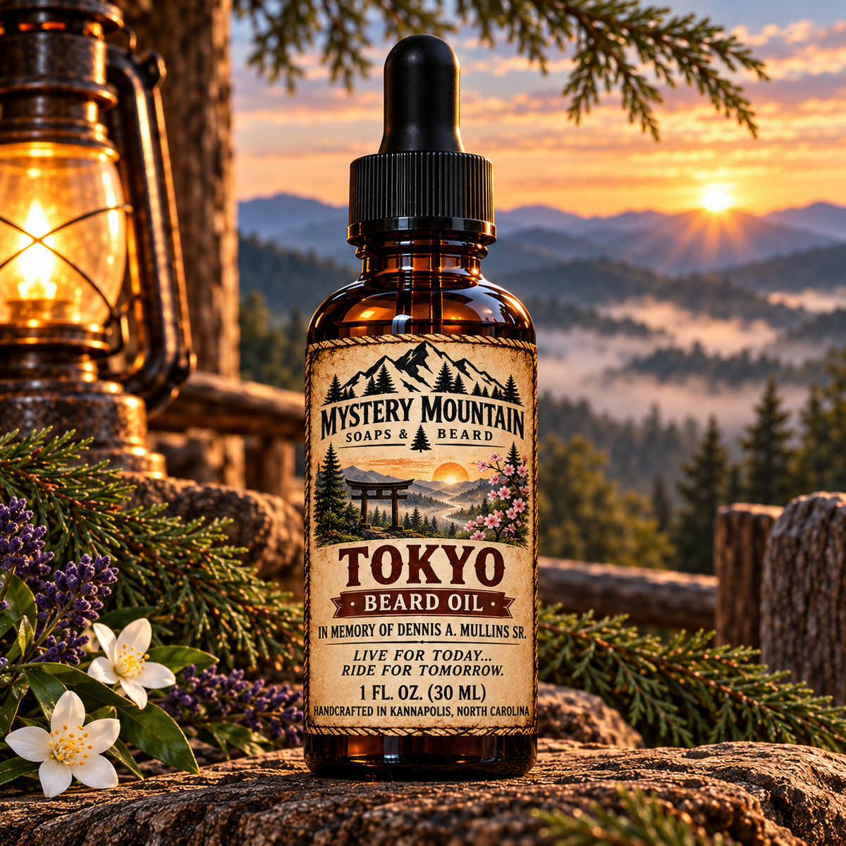 Mystery Mountain Tokyo Beard Oil memorial bottle in a mountain setting