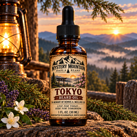 Mystery Mountain Tokyo Beard Oil memorial bottle in a mountain setting