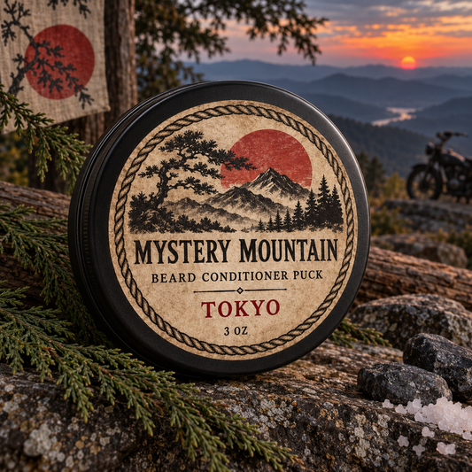 Mystery Mountain Tokyo Beard Conditioner Puck at a reflective Appalachian overlook